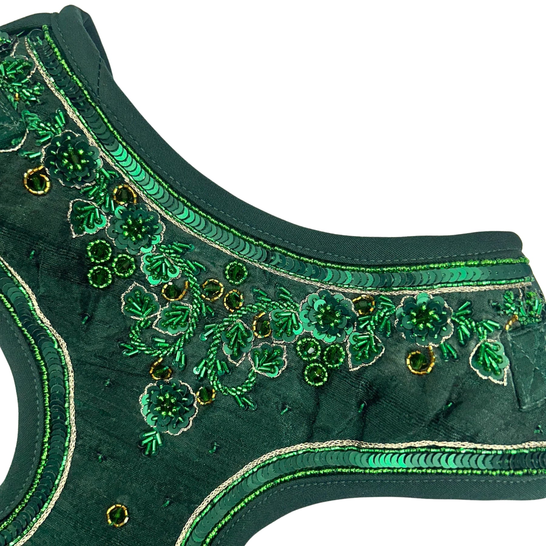 EMERALD GREEN GOLD STONE WORK HAND EMBROIDERED HARNESS + LEASH FOR DOGS AND CATS