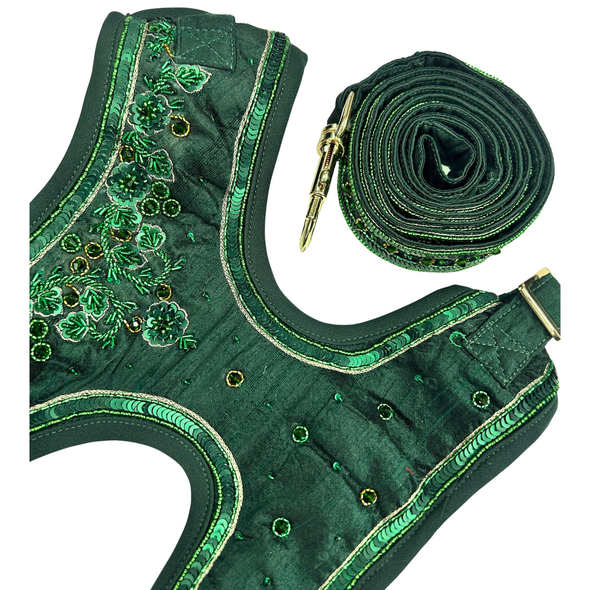 EMERALD GREEN GOLD STONE WORK HAND EMBROIDERED HARNESS + LEASH FOR DOGS AND CATS