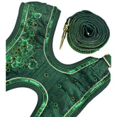 EMERALD GREEN GOLD STONE WORK HAND EMBROIDERED HARNESS + LEASH FOR DOGS AND CATS