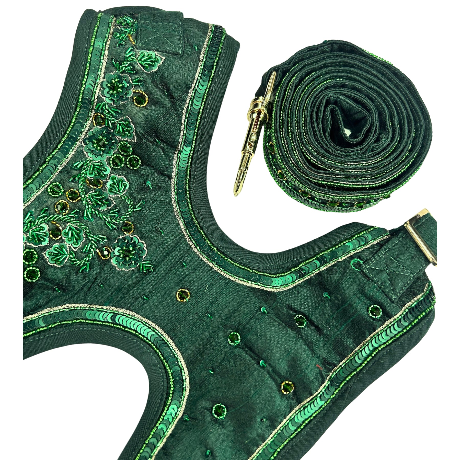 EMERALD GREEN GOLD STONE WORK HAND EMBROIDERED HARNESS + LEASH FOR DOGS AND CATS