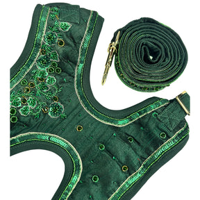 EMERALD GREEN GOLD STONE WORK HAND EMBROIDERED HARNESS + LEASH FOR DOGS AND CATS