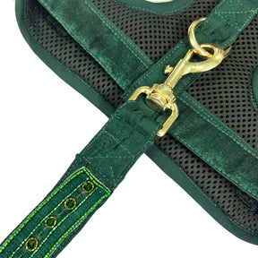 EMERALD GREEN GOLD STONE WORK HAND EMBROIDERED HARNESS + LEASH FOR DOGS AND CATS