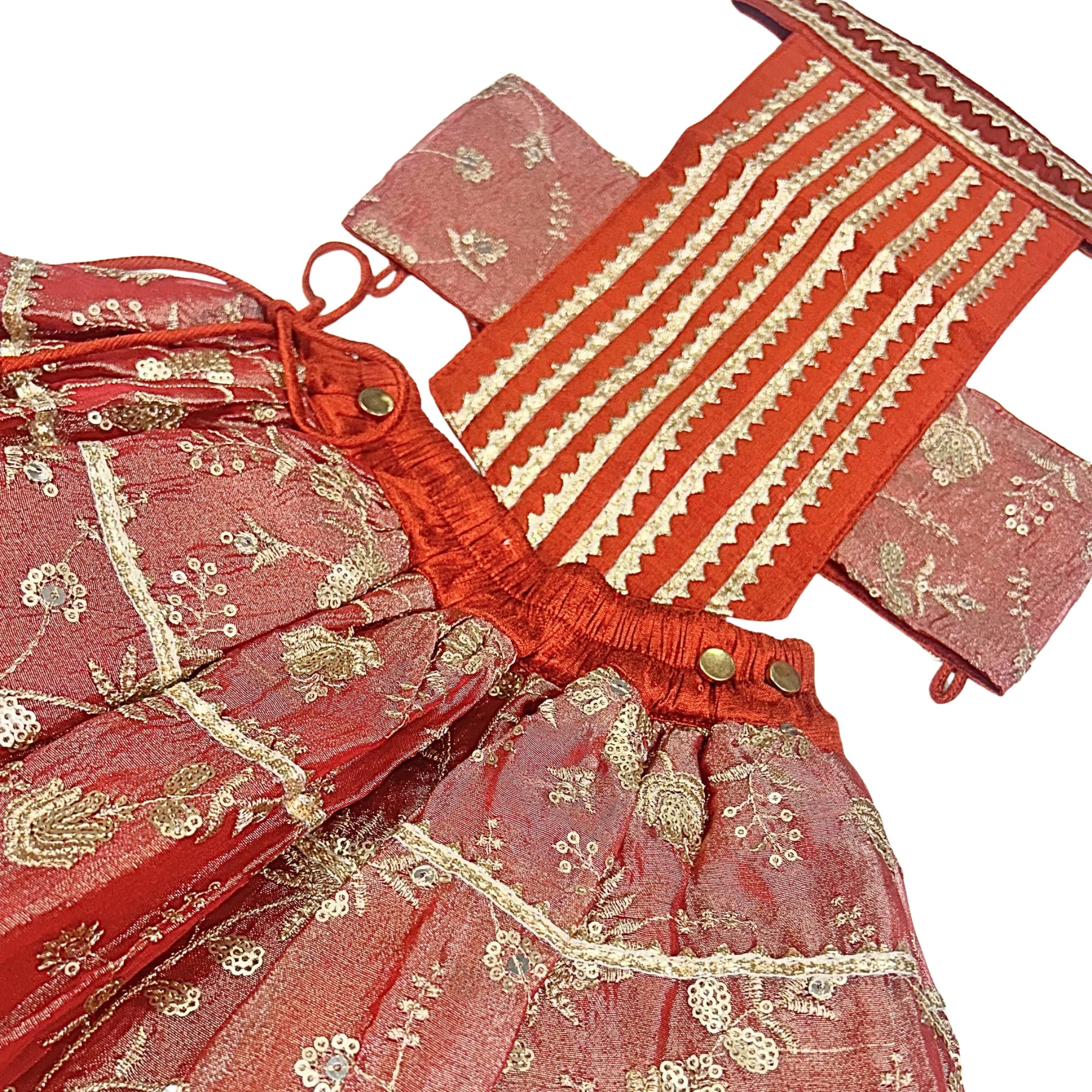 RED FLORAL TISSUE  LEHENGA FOR DOGS AND CATS