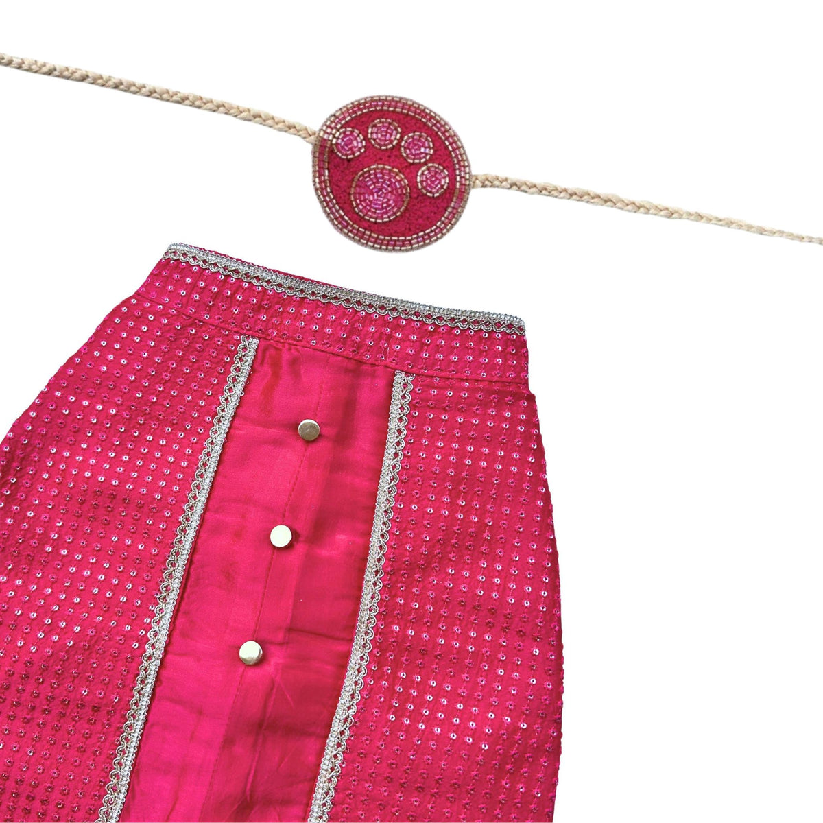 RANI PINK SITARA KOTI KURTA + PINK PAW RAKHI FOR DOGS AND CATS