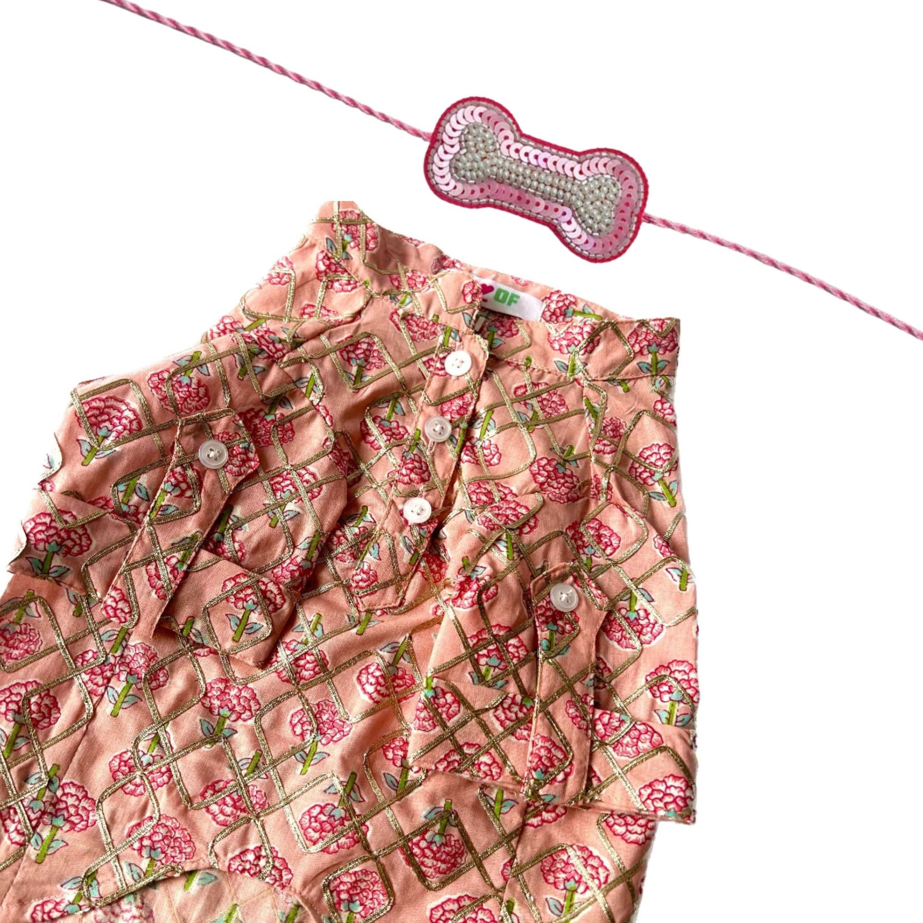 FLOWER PINK GOTA DOG KURTA+LIGHT PINK PEARL RAKHI FOR DOGS AND CATS