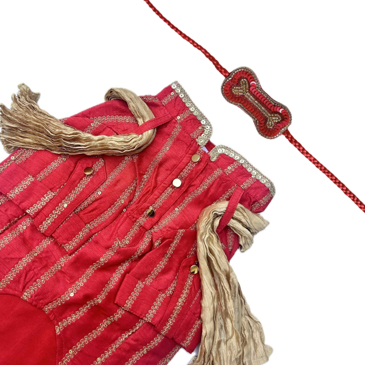 CARROT RED ZARI WORK DOG KURTA + RED BONE RAKHI FOR DOGS AND CATS