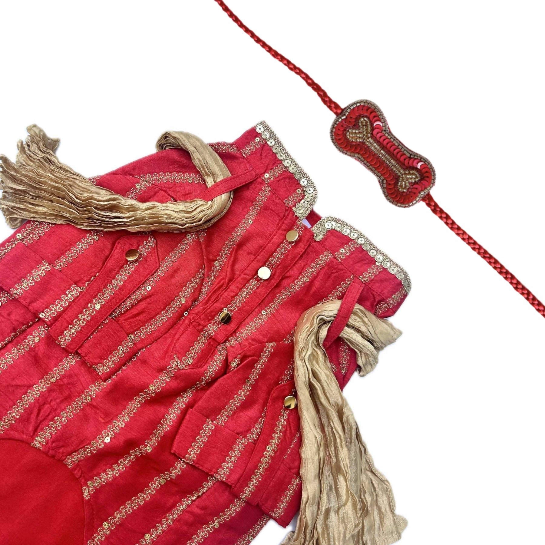 CARROT RED ZARI WORK DOG KURTA + RED BONE RAKHI FOR DOGS AND CATS