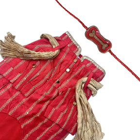 CARROT RED ZARI WORK DOG KURTA + RED BONE RAKHI FOR DOGS AND CATS
