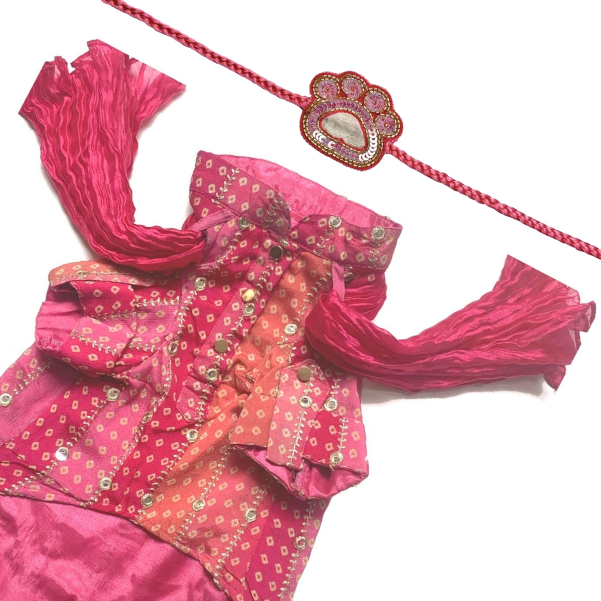 PINK MIRROR DROP DOG KURTA+PINK PAW-SOME RAKHI FOR DOGS AND CATS