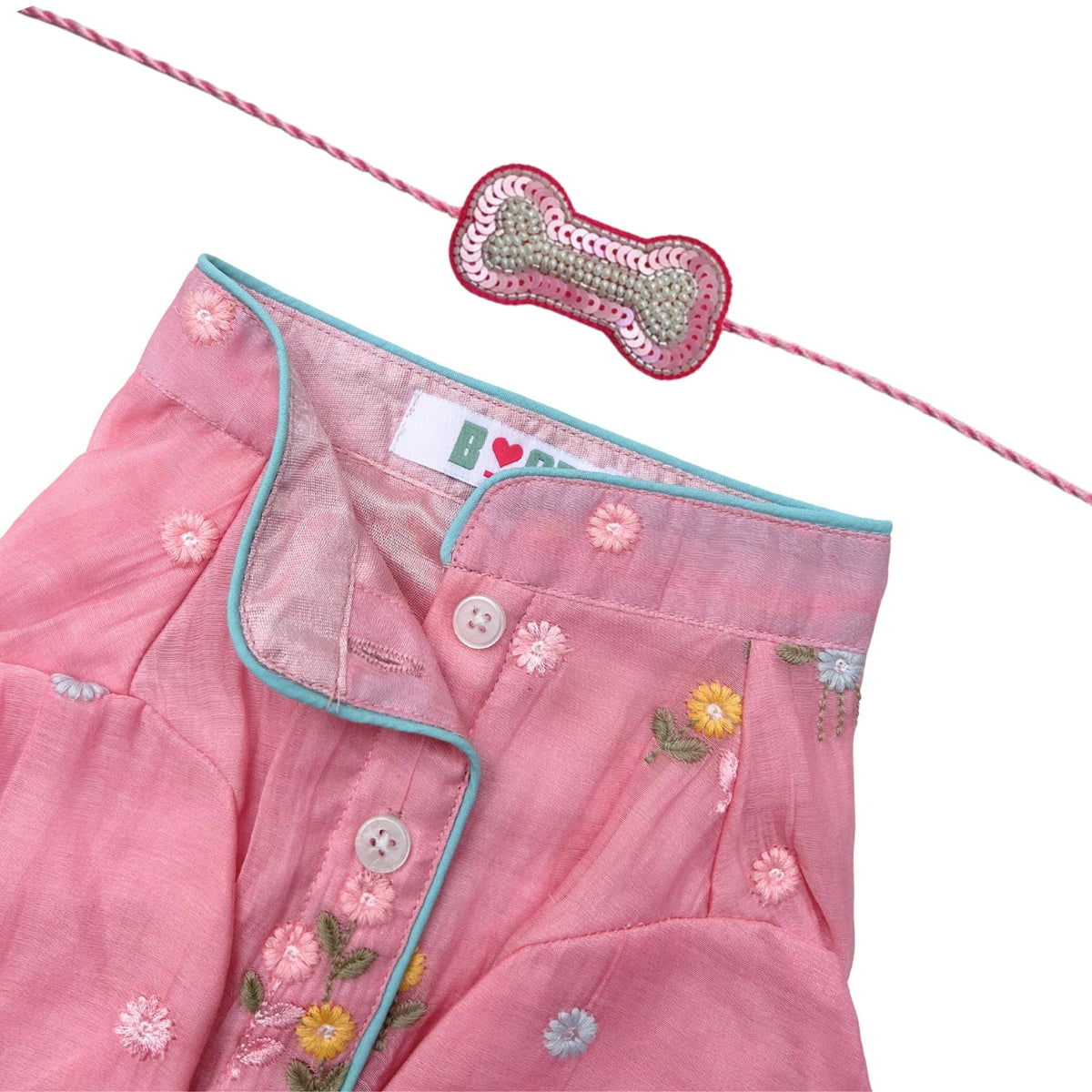 PINK FLOWER EMBROIDERED DOG KURTA + LIGHT PINK PEARL RAKHI FOR DOGS AND CATS