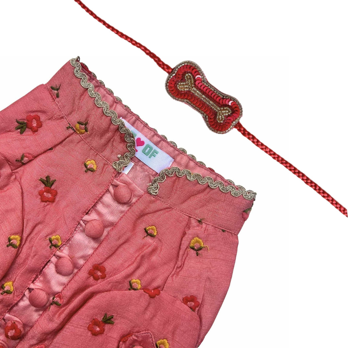 PEACH ORANGE FLOWER EMBROIDERED DOG KURTA+RED BONE RAKHI FOR DOGS AND CATS