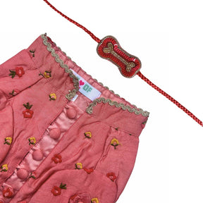 PEACH ORANGE FLOWER EMBROIDERED DOG KURTA+RED BONE RAKHI FOR DOGS AND CATS