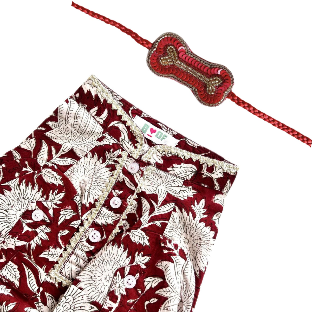 MAROON PHOOL COTTON  KURTA + RED BONE RAKHI FOR DOGS AND CATS