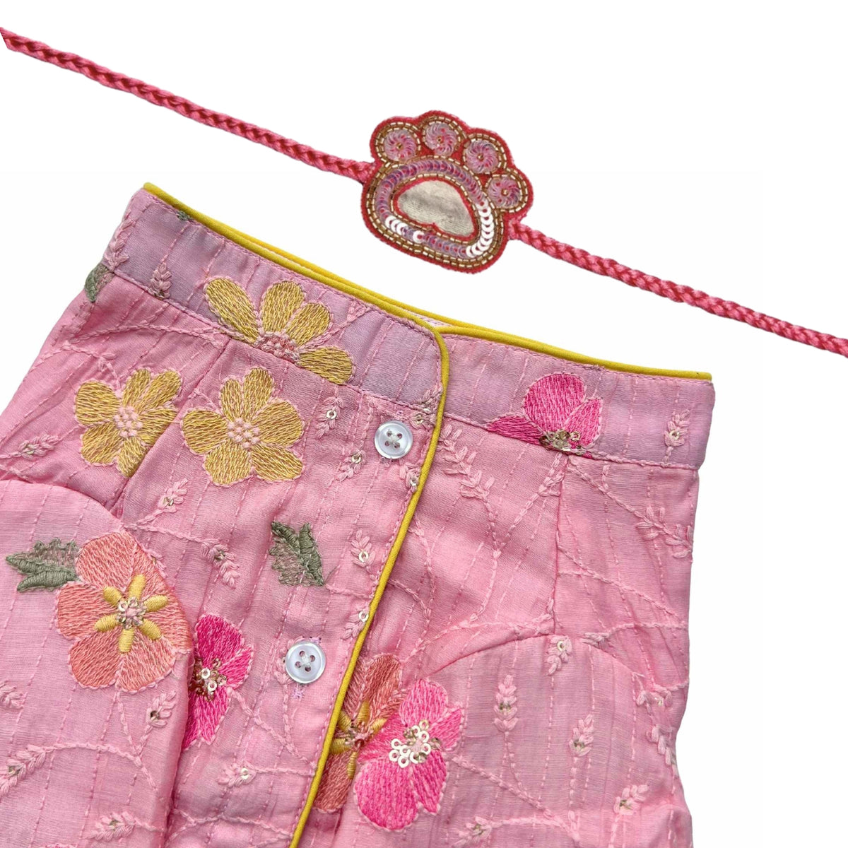 PASTEL PINK FLORAL THREAD EMBROIDERED KURTA+PINK WOOF PAW RAKHI FOR DOGS AND CATS
