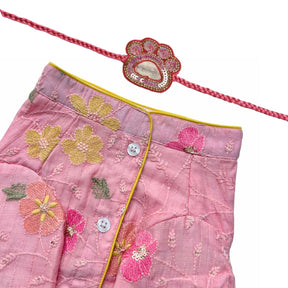 PASTEL PINK FLORAL THREAD EMBROIDERED KURTA+PINK WOOF PAW RAKHI FOR DOGS AND CATS