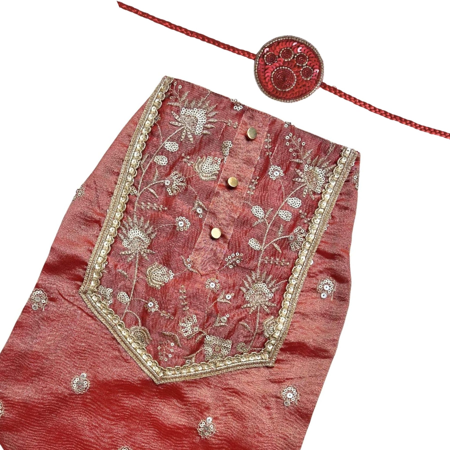 RED TISSUE FLORAL SEQUINS WAISTCOAT+RED PAW RAKHI FOR DOGS AND CATS