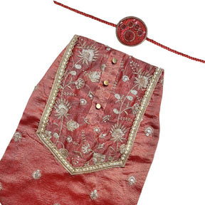RED TISSUE FLORAL SEQUINS WAISTCOAT+RED PAW RAKHI FOR DOGS AND CATS