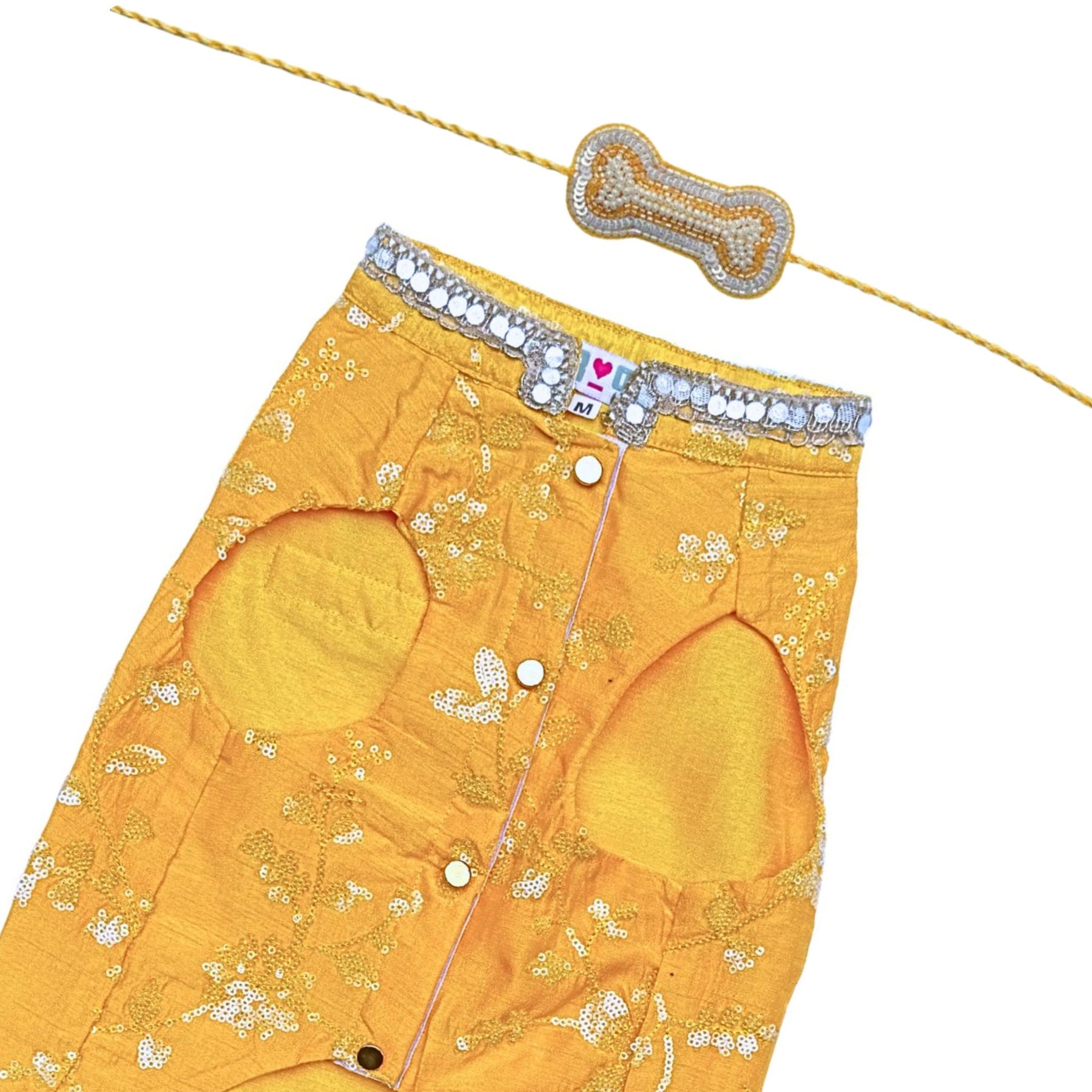 YELLOW SEQUINS SHERWANI+SILVER YELLOW PEARL BONE RAKHI FOR DOGS AND CATS