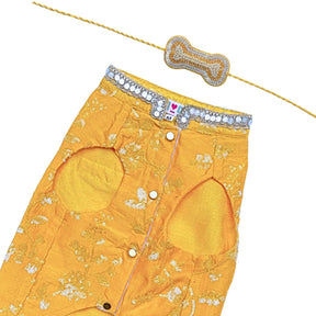 YELLOW SEQUINS SHERWANI+SILVER YELLOW PEARL BONE RAKHI FOR DOGS AND CATS