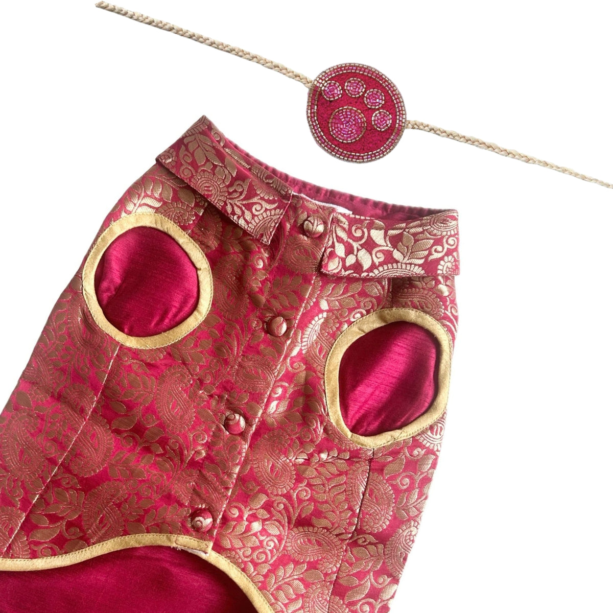 FUCHSIA PINK PAISLEY BROCADE DOG WAISTCOAT+PINK PAW RAKHI FOR DOGS AND CATS