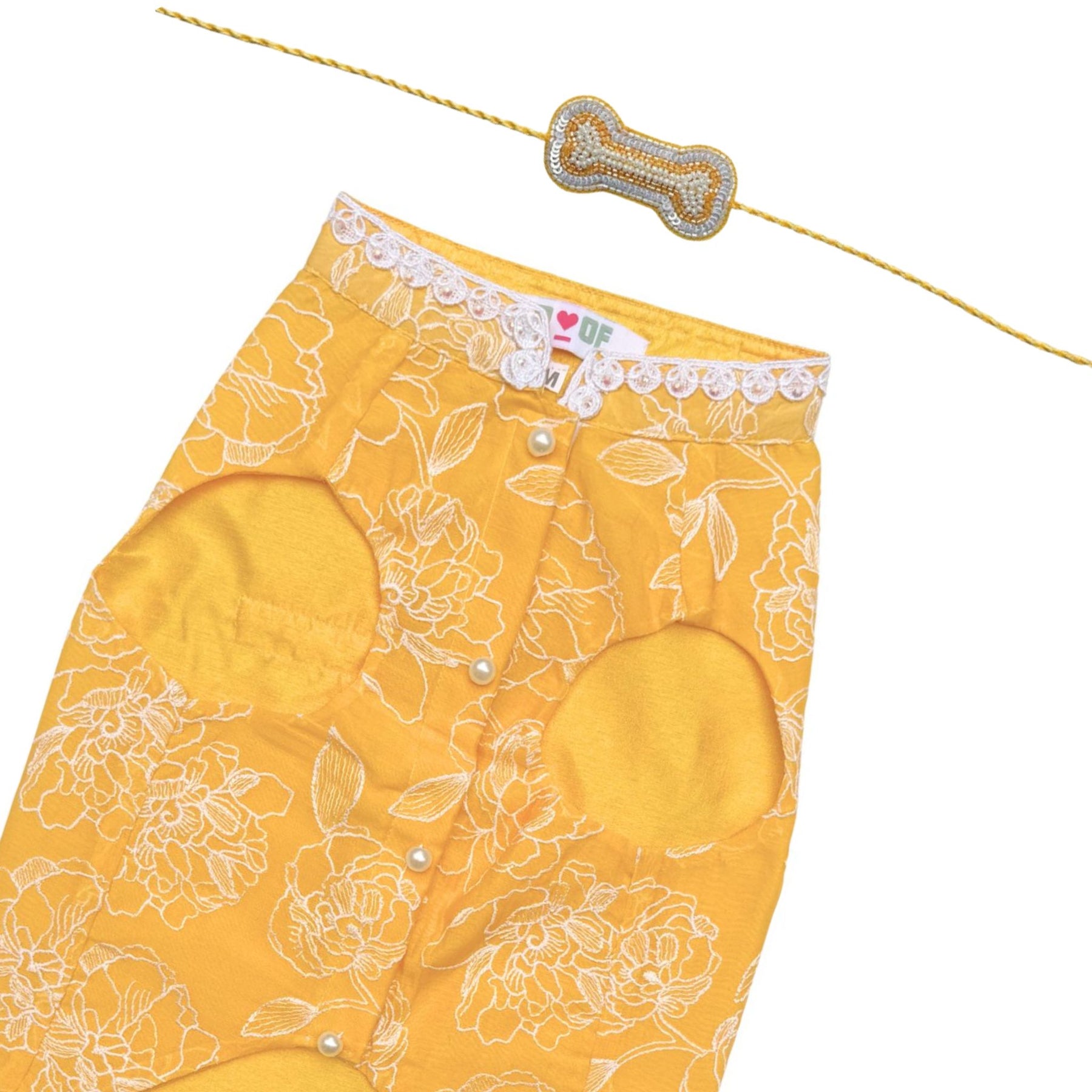 YELLOW OFF-WHITE EMBROIDERY SHERWANI+SILVER YELLOW PEARL BONE RAKHI FOR DOGS AND CATS