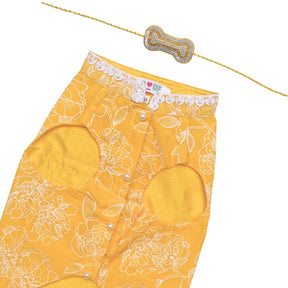 YELLOW OFF-WHITE EMBROIDERY SHERWANI+SILVER YELLOW PEARL BONE RAKHI FOR DOGS AND CATS