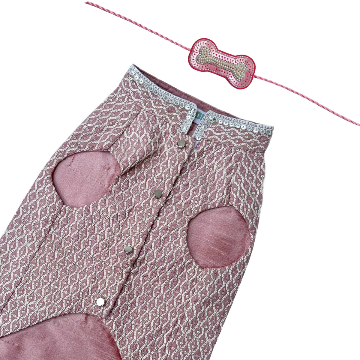 CHALK PINK EMBROIDERED DOG SHERWANI+LIGHT PINK PEARL RAKHI FOR DOGS AND CATS