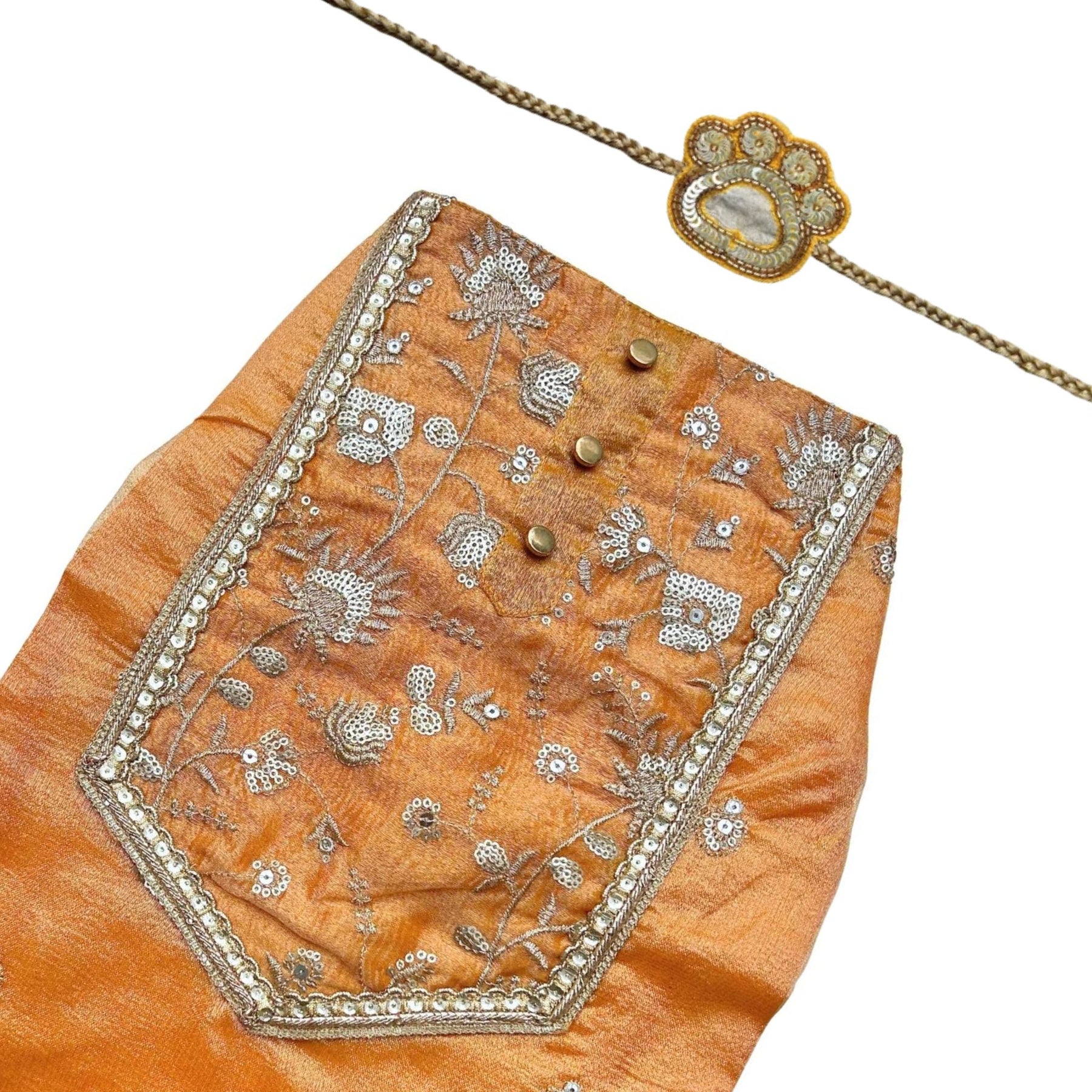 MUSTARD YELLOW FLORAL SEQUINS WAISTCOAT+YELLOW PAW-SOME RAKHI FOR DOGS AND CATS