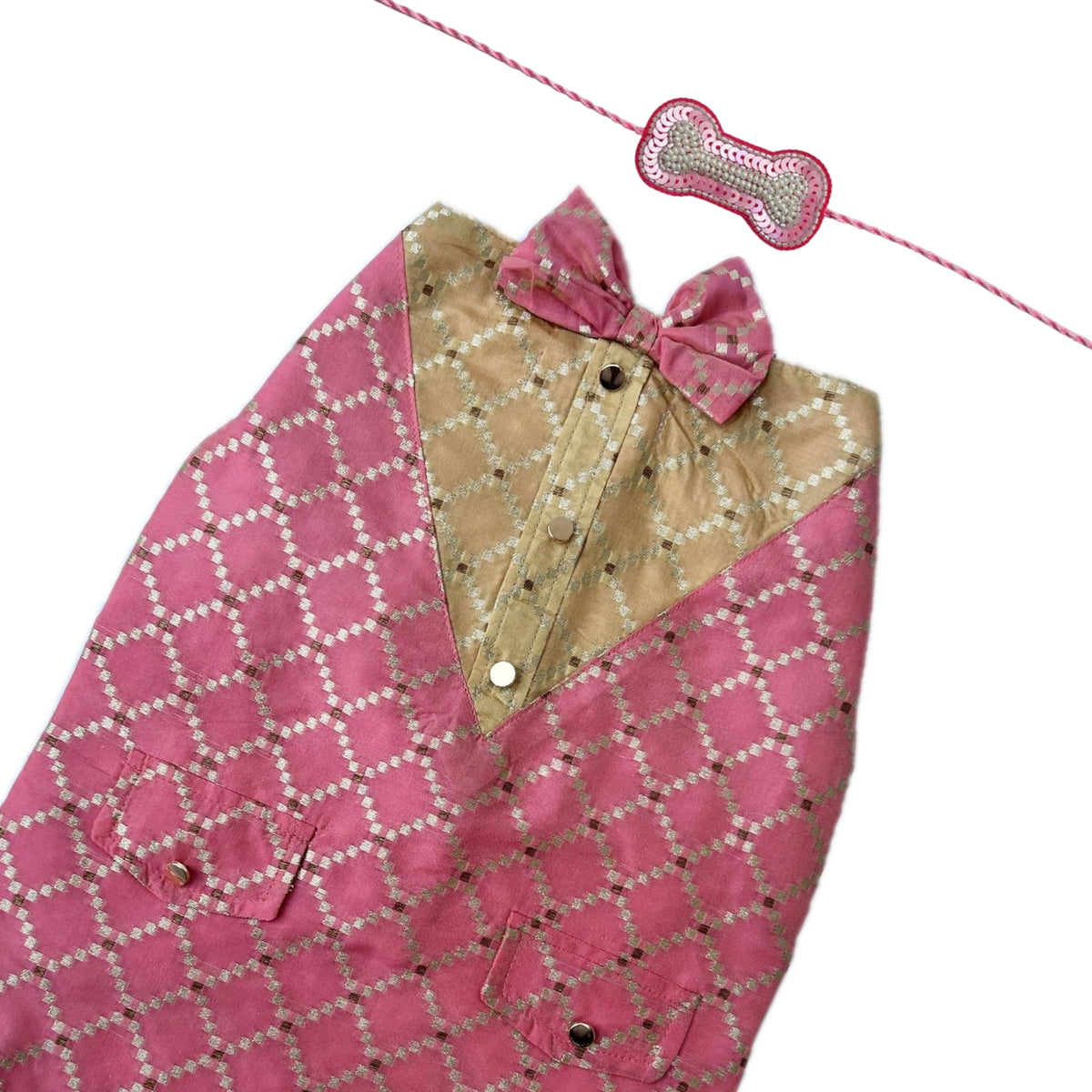 PINK BROCADE BOW DOG SHERWANI+LIGHT PINK PEARL RAKHI FOR DOGS AND CATS