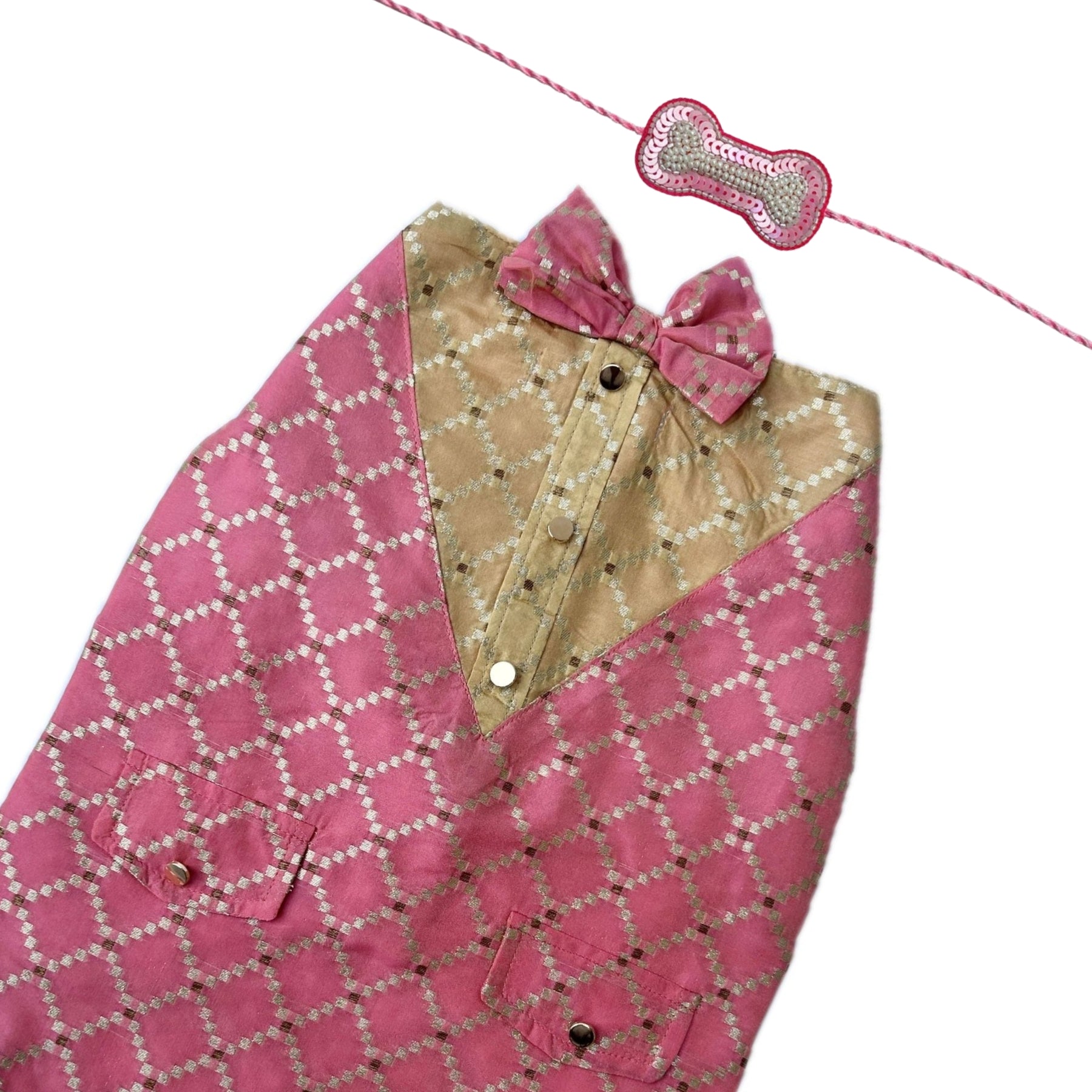 PINK BROCADE BOW DOG SHERWANI+LIGHT PINK PEARL RAKHI FOR DOGS AND CATS
