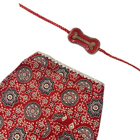 MAROON AJRAKH BUTI PRINT WAISTCOAT STYLE KURTA+ RED BONE RAKHI FOR DOGS AND CATS