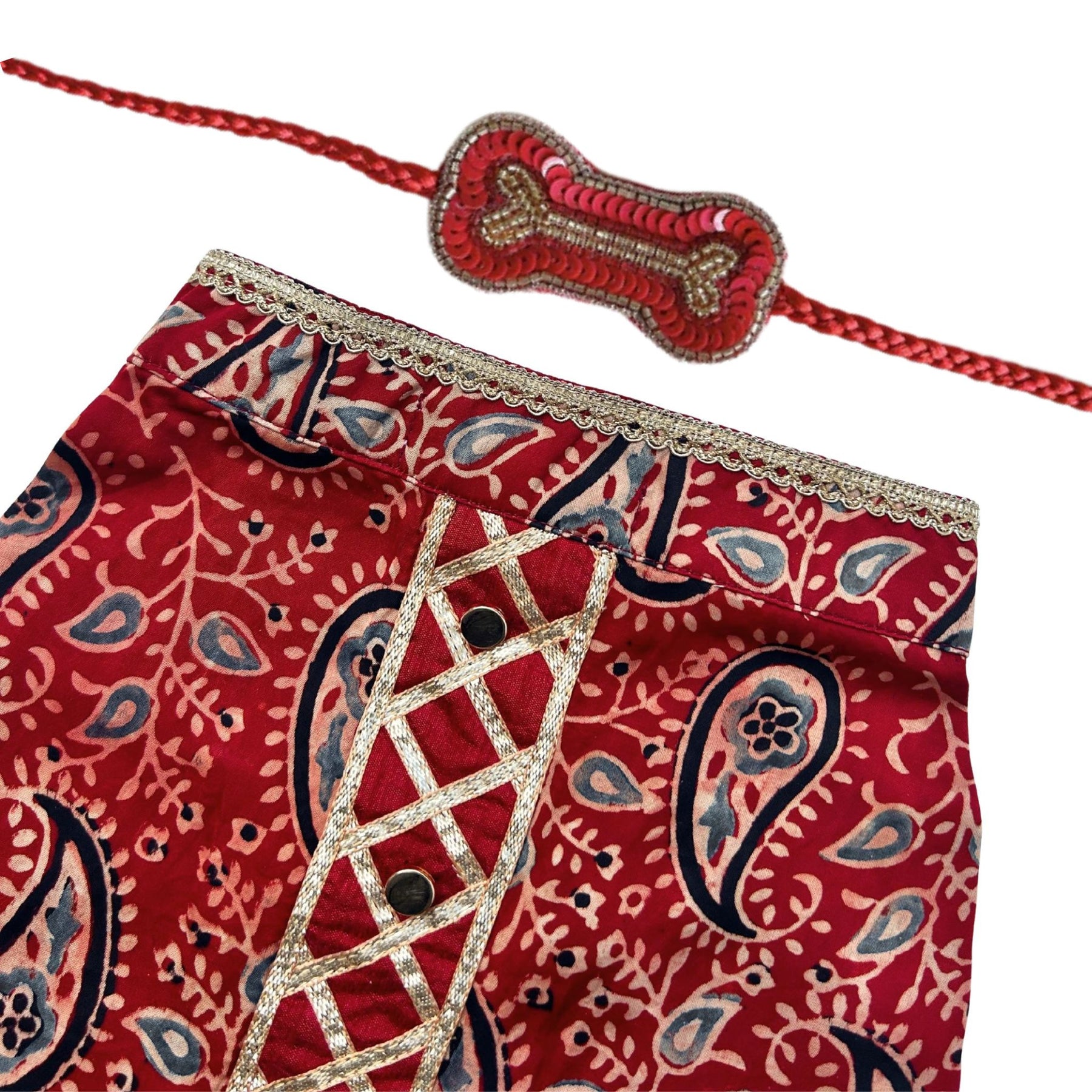 MAROON AJRAKH BUTI PRINT KURTA + RED BONE RAKHI FOR DOGS AND CATS