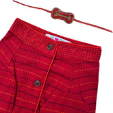 CRIMSON RED JAMDANI HANDWOVEN HARNESS KURTA + RED BONE RAKHI FOR DOGS AND CATS