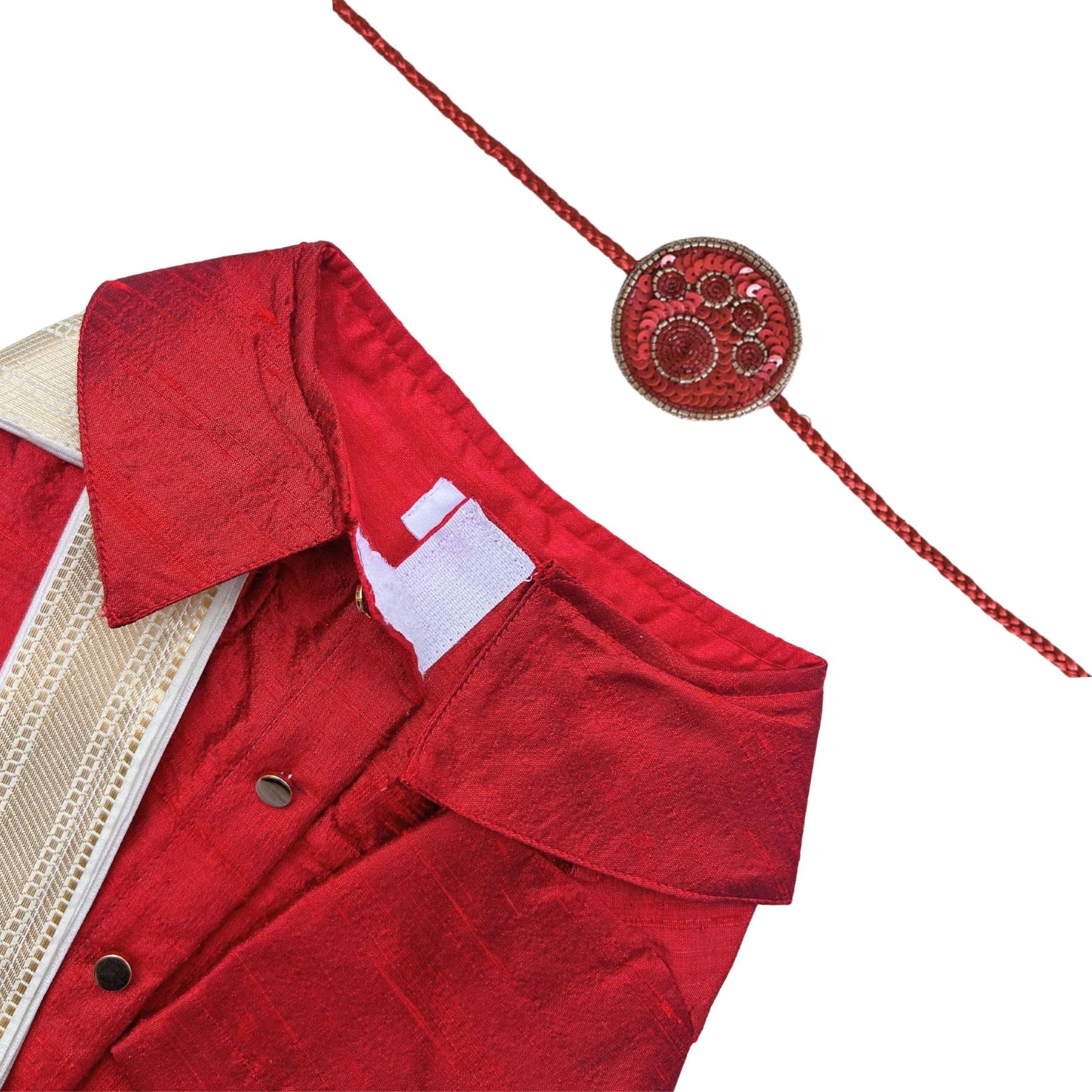 RED PURE RAW SILK DOG KURTA+ RED PAW RAKHI FOR DOGS AND CATS