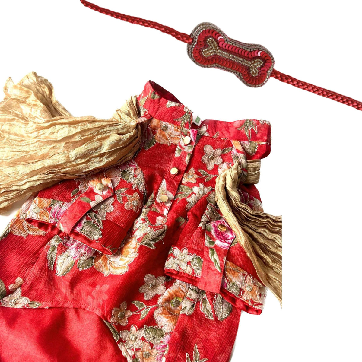 RED FLORAL ZARI DOG KURTA + RED BONE RAKHI FOR DOGS AND CATS