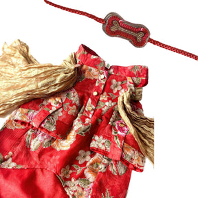 RED FLORAL ZARI DOG KURTA + RED BONE RAKHI FOR DOGS AND CATS