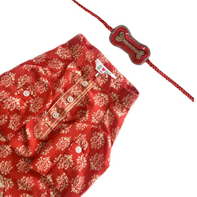 RED COTTON BUTA DOG KURTA + RED BONE RAKHI FOR DOGS AND CATS