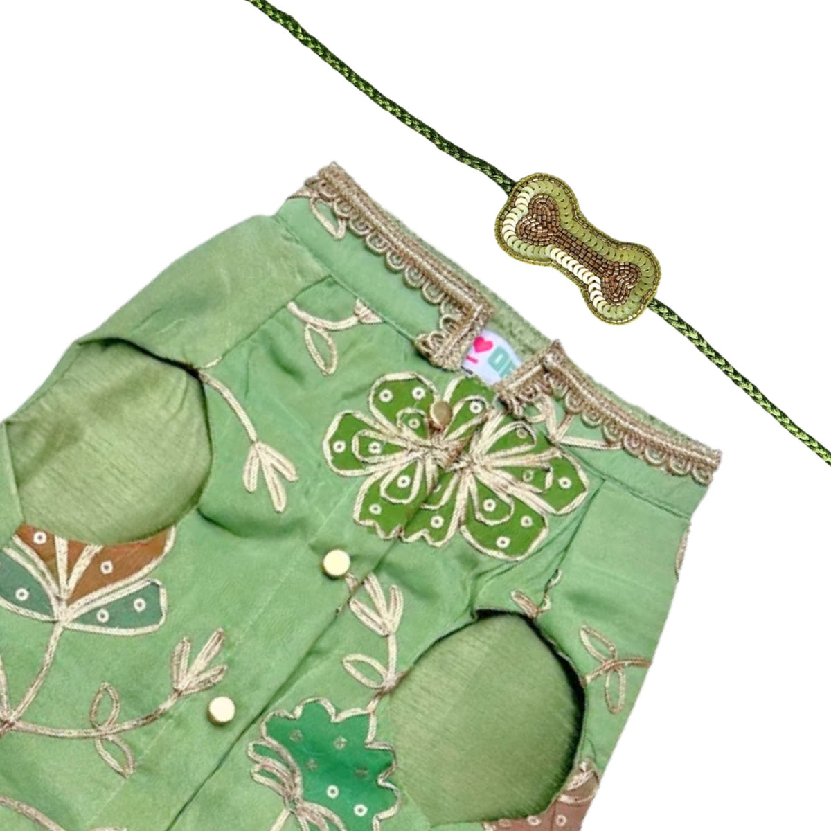 PISTA GREEN GOTA PHOOL WAISTCOAT + LIGHT GREEN BONE RAKHI FOR DOGS AND CATS