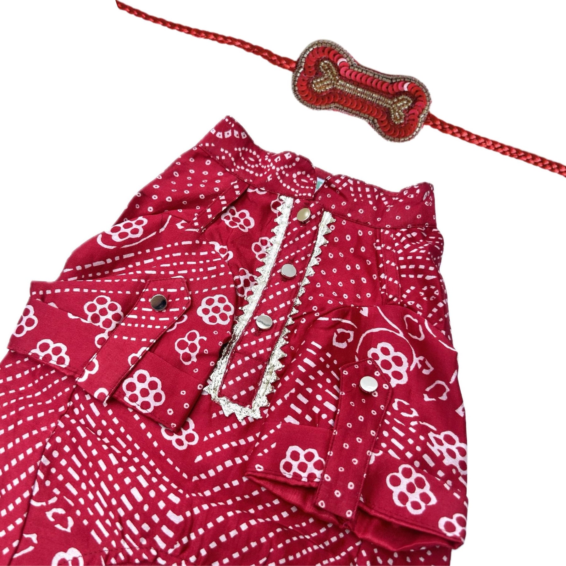 RED PATHANI DOG KURTA + RED BONE RAKHI FOR DOGS AND CATS
