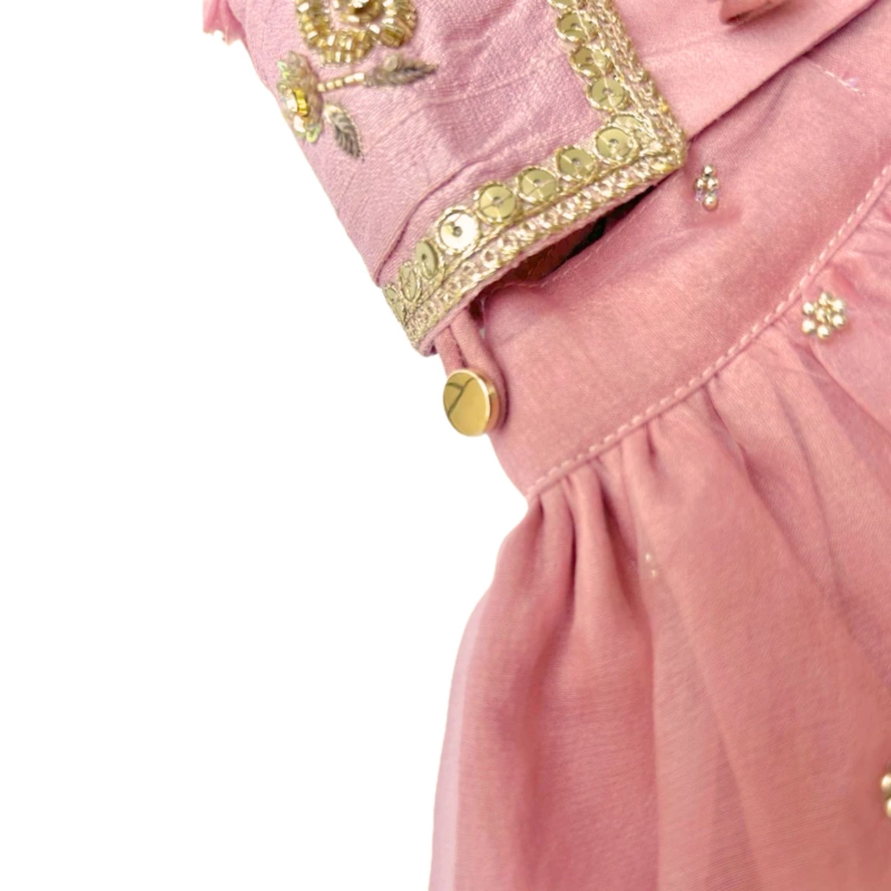 BLUSH PINK HAND EMBROIDERED GOLD FLOWERS DOG LEHENGA