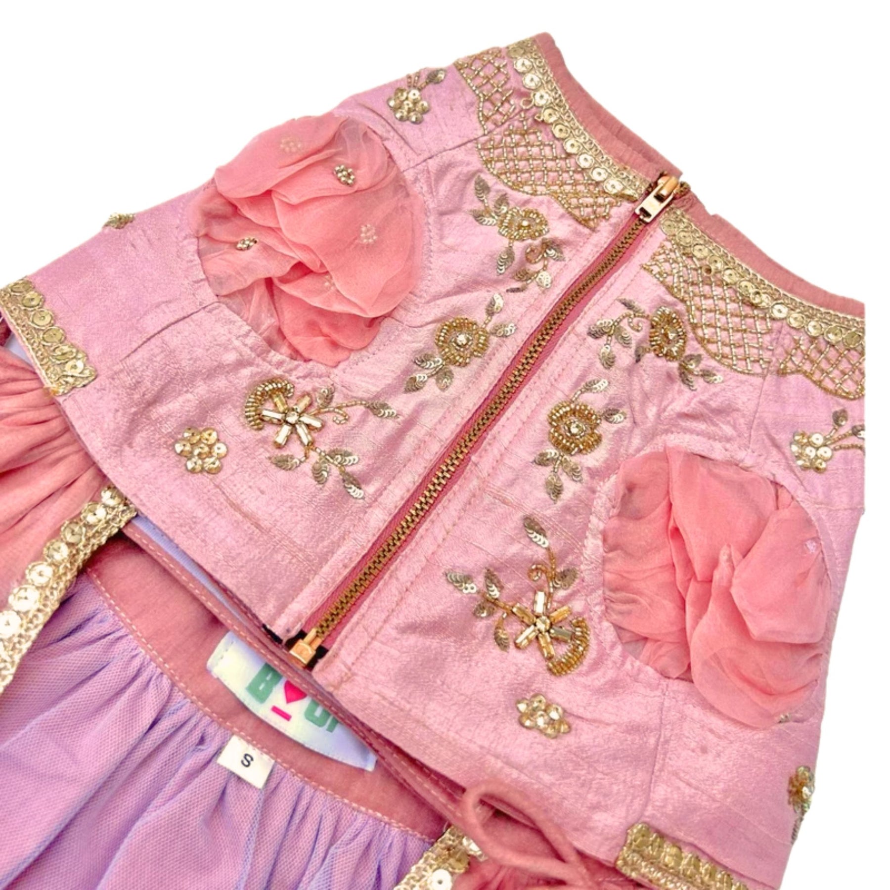 BLUSH PINK HAND EMBROIDERED GOLD FLOWERS DOG LEHENGA