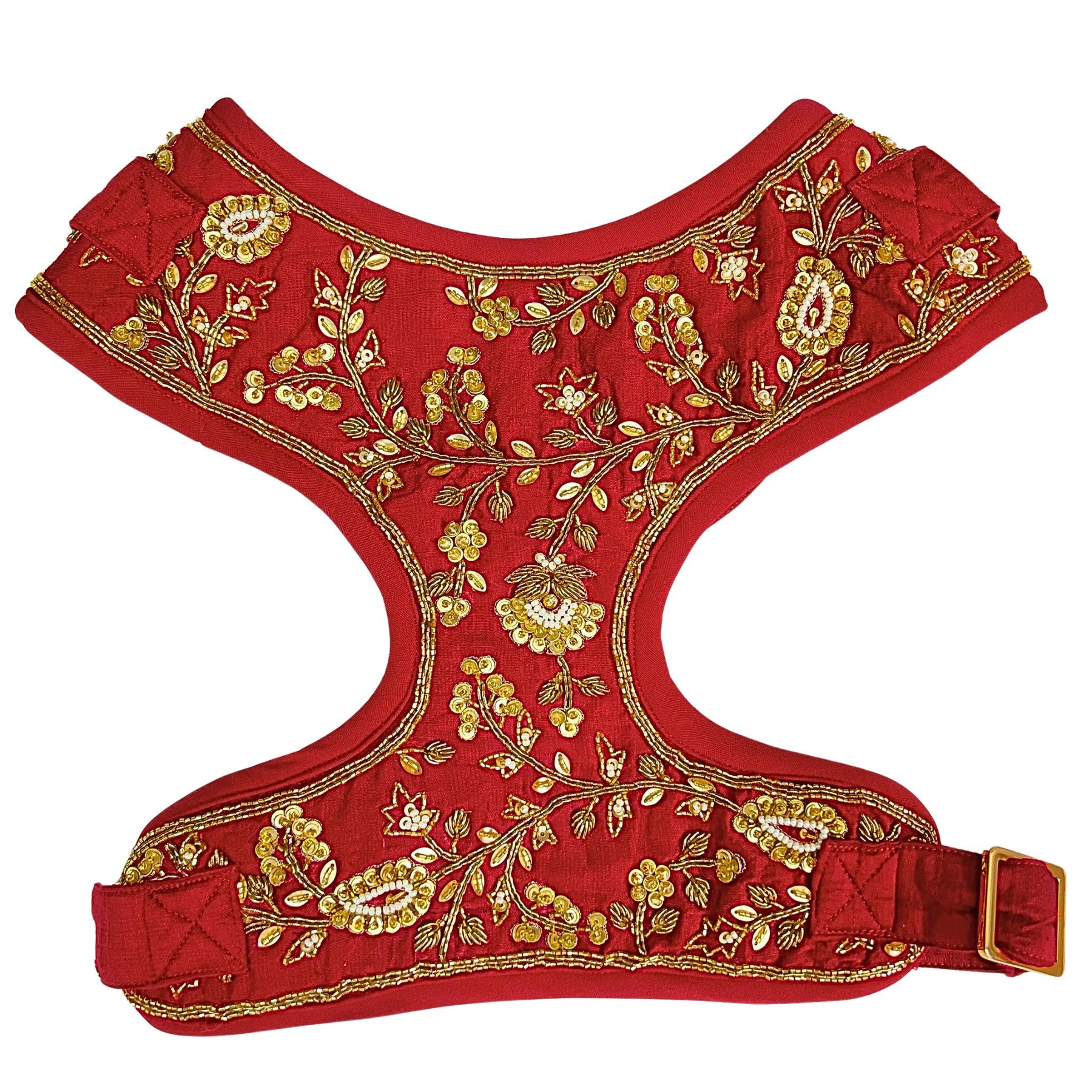 RED FLOWER LEAF HAND EMBROIDERED HARNESS + LEASH FOR DOGS AND CATS