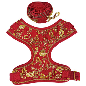 RED FLOWER LEAF HAND EMBROIDERED HARNESS + LEASH FOR DOGS AND CATS
