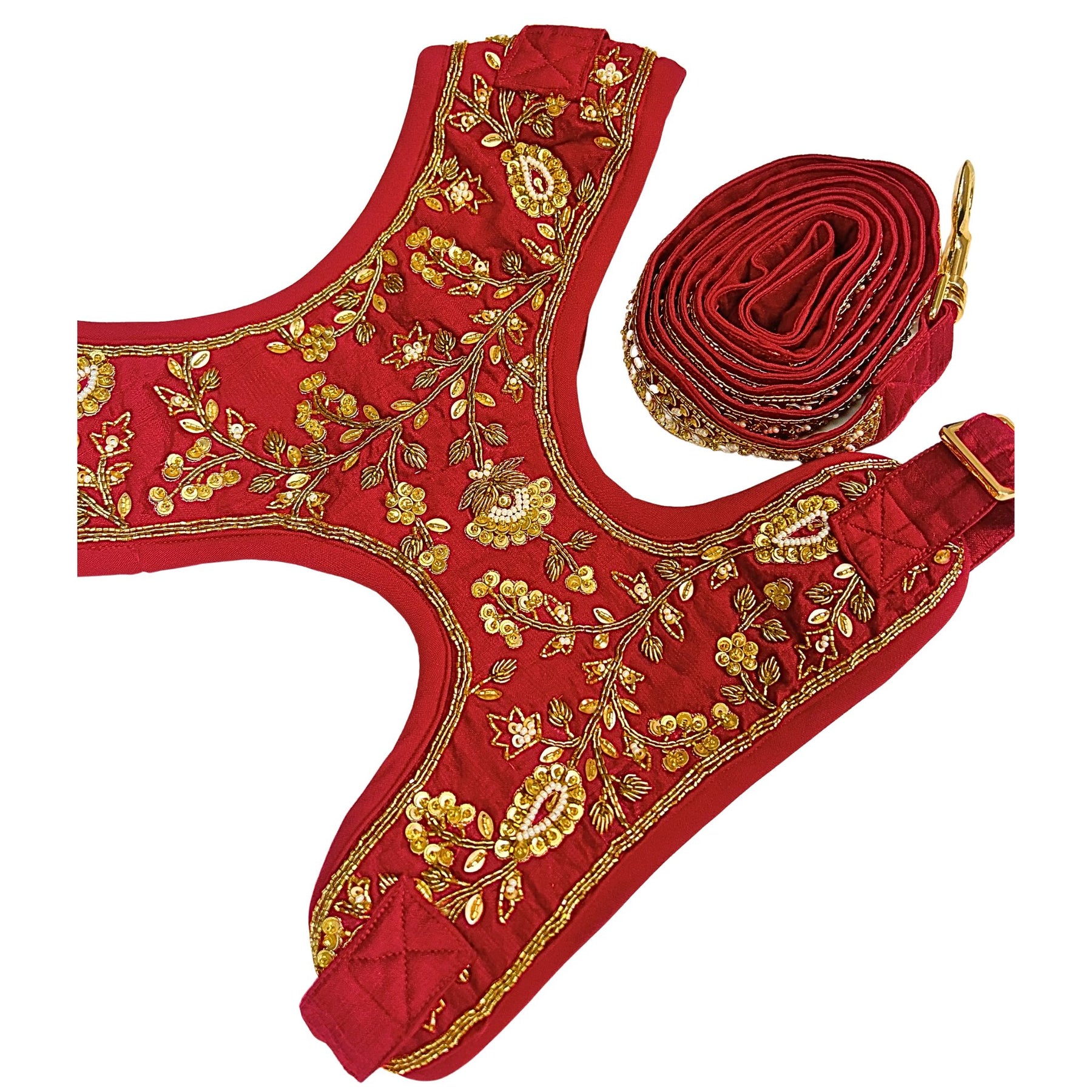 RED FLOWER LEAF HAND EMBROIDERED HARNESS + LEASH FOR DOGS AND CATS