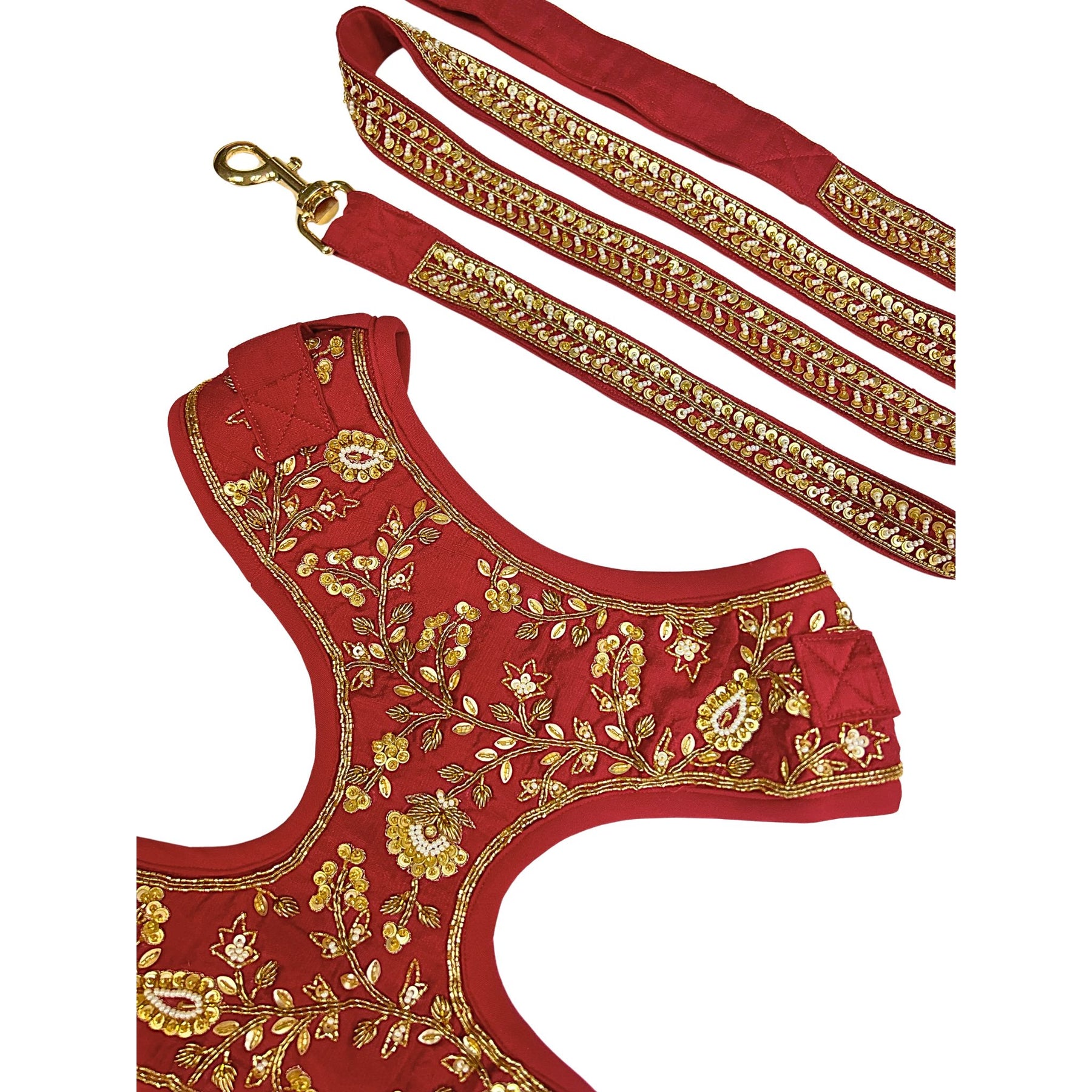 RED FLOWER LEAF HAND EMBROIDERED HARNESS + LEASH FOR DOGS AND CATS