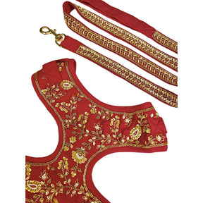 RED FLOWER LEAF HAND EMBROIDERED HARNESS + LEASH FOR DOGS AND CATS