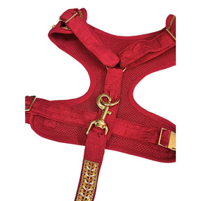 RED FLOWER LEAF HAND EMBROIDERED HARNESS + LEASH FOR DOGS AND CATS