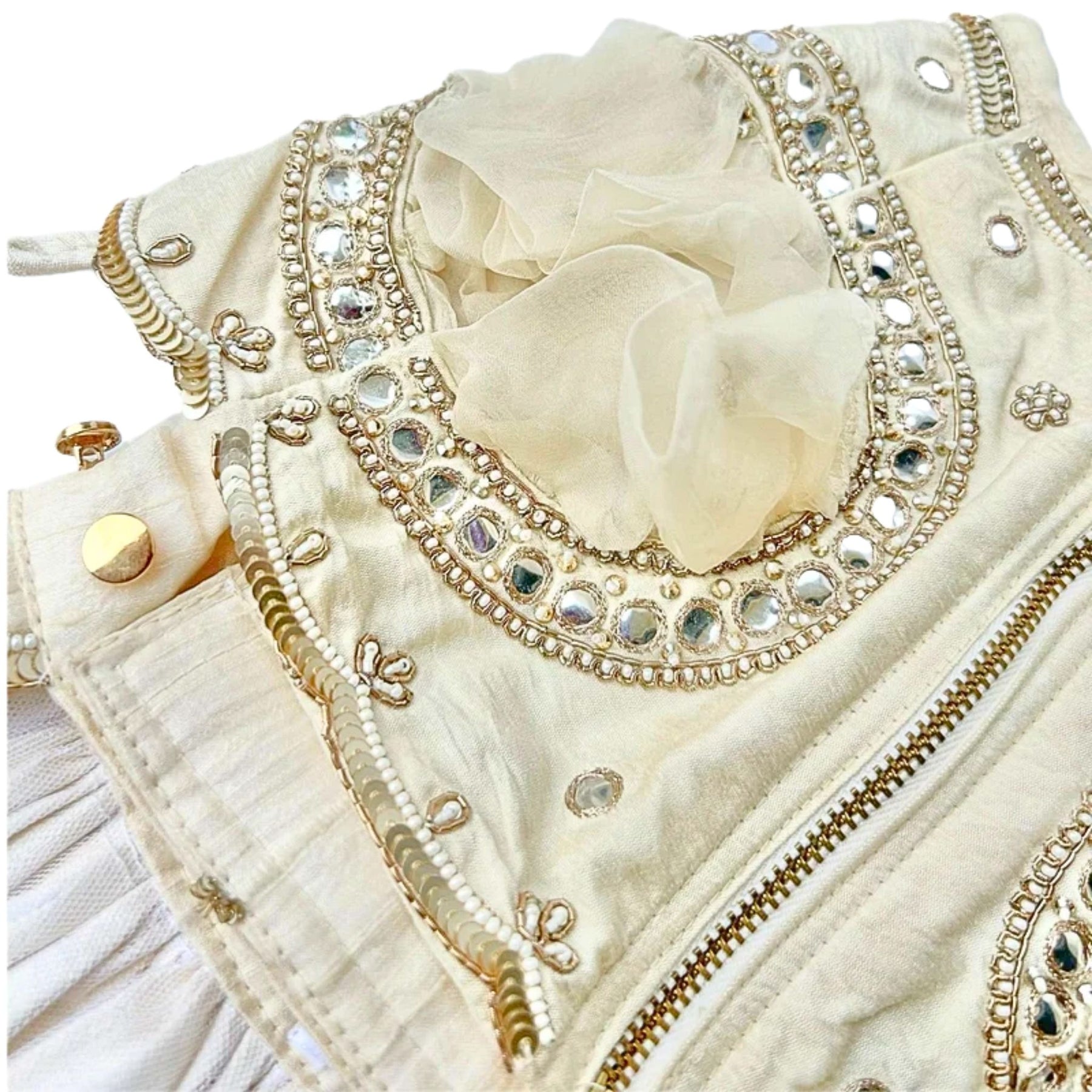 HAND EMBROIDERED OFF-WHITE MIRROR WORK DOG LEHENGA