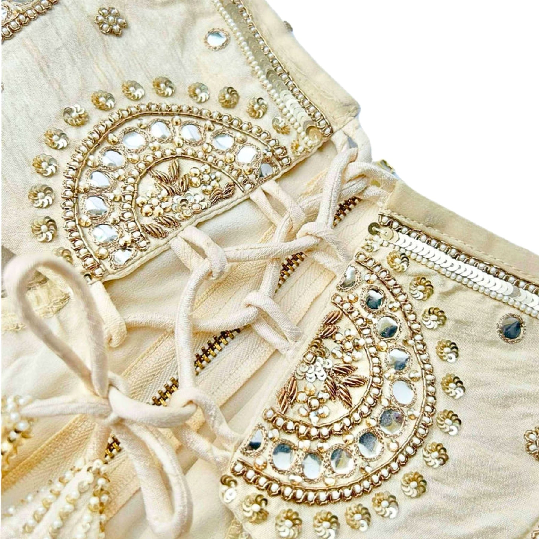 HAND EMBROIDERED OFF-WHITE MIRROR WORK DOG LEHENGA