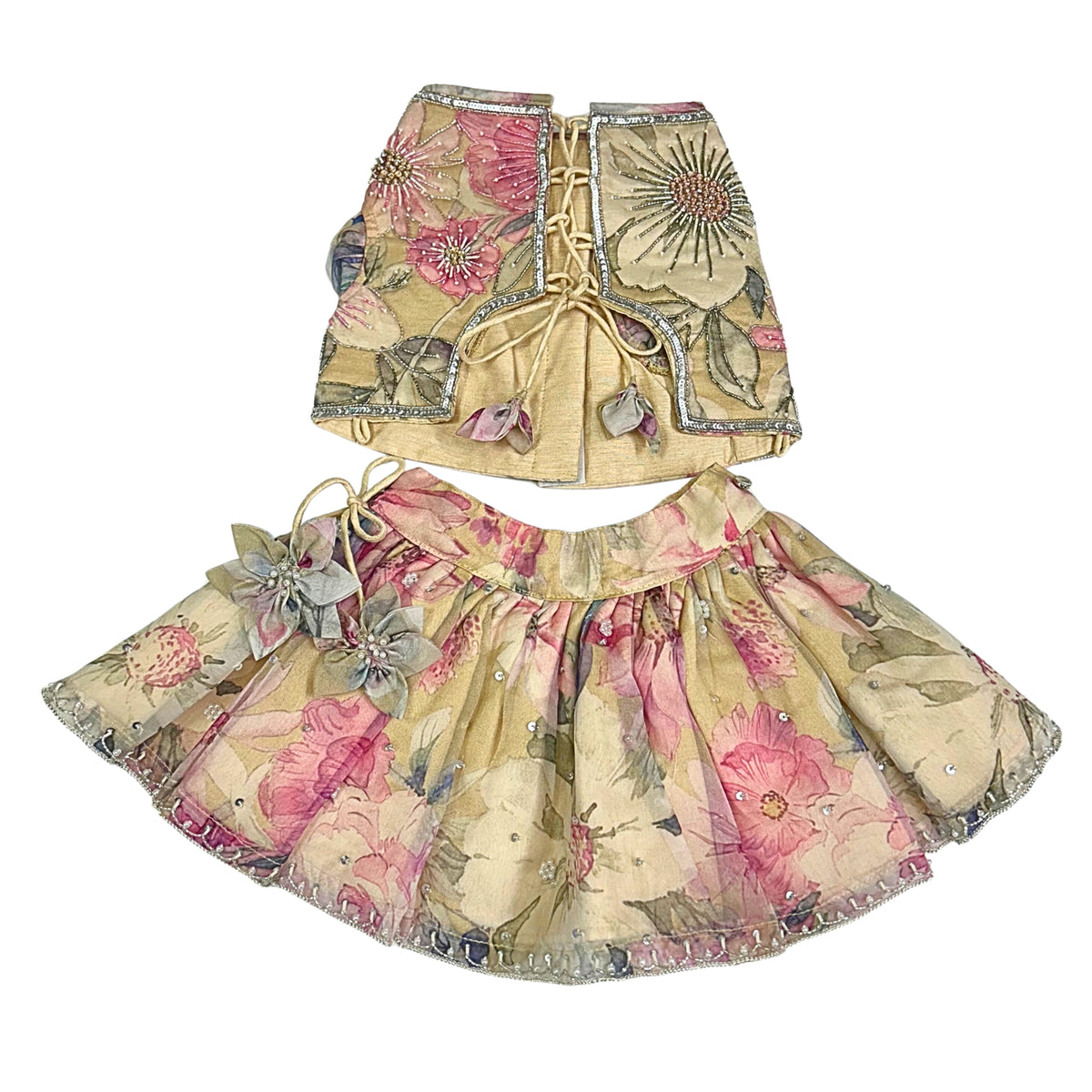 BEIGE GULNOOR PRINTED HAND EMBROIDERED LEHENGA FOR DOGS AND CATS
